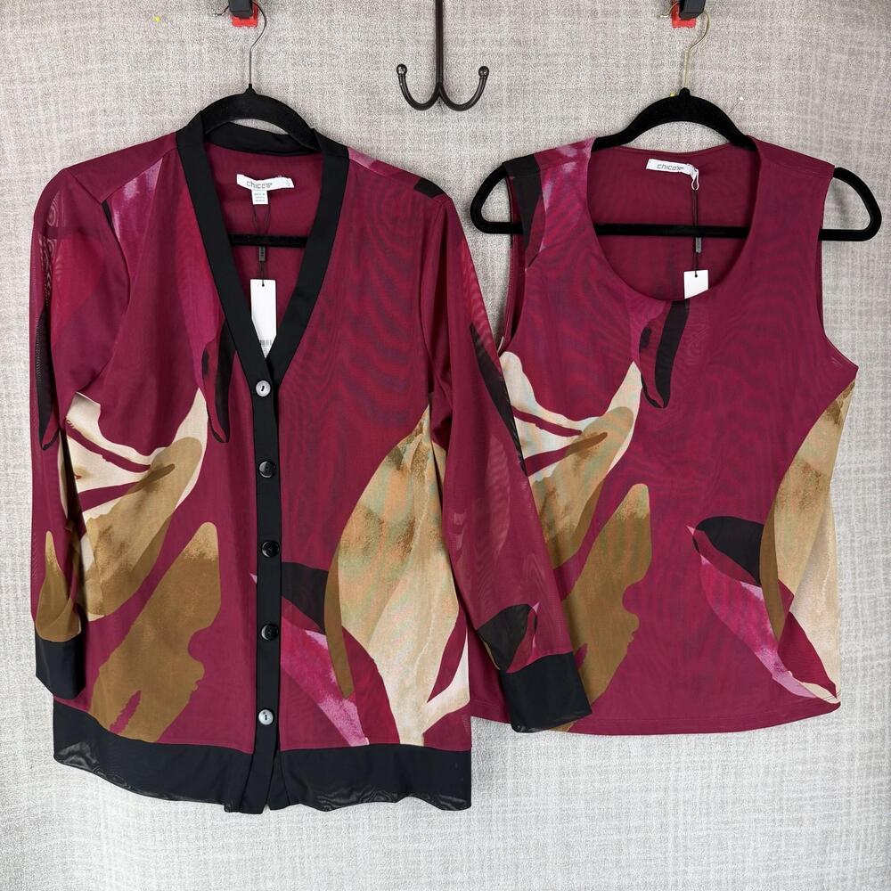 Chico's Suit Set Womens 1 Pink Abstract 2 Piece Mesh Knit Top Jacket Cardi